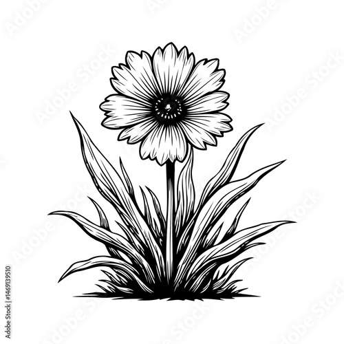 Elegant monochrome drawing of a solitary gerbera flower with delicate foliage