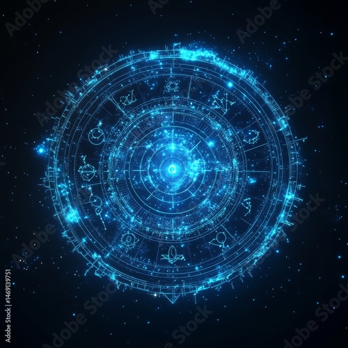Celestial Blueprint: A Luminous Astrological Chart Unveiling Cosmic Mysteries with Constellations and a Central Radiant Orb in the Deep Dark Void