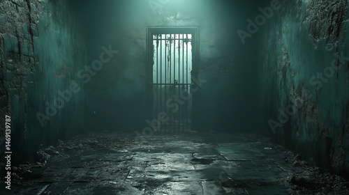 Prison cell with metal bars illuminated by eerie green light, confinement space with damp walls and floor concept