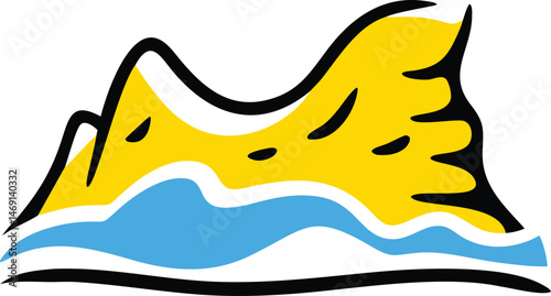 A cartoon vector illustration depicts a lion in the sea and water under the summer sun, an artistic animal icon with ocean waves