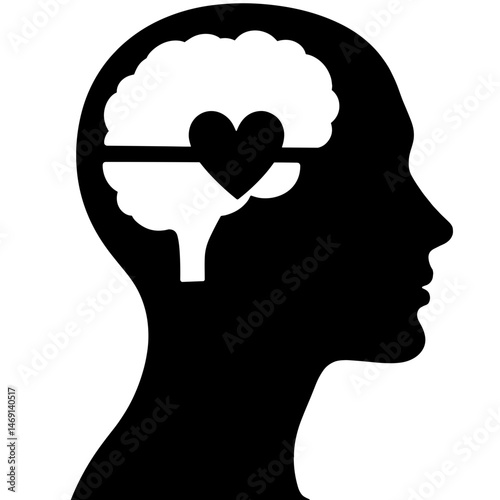 Silhouette of head with heart in brain, symbolism of love and intellect