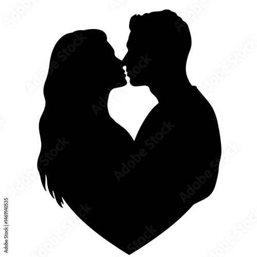 Silhouette of couple kissing inside heart shape, love and affection