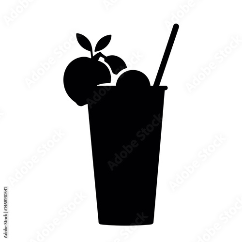 Silhouette of smoothie cup with fruit icons on white background, wellness