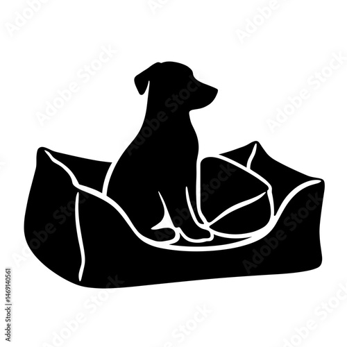 Silhouette of a dog sitting on pet bed with pillows, comfort concept