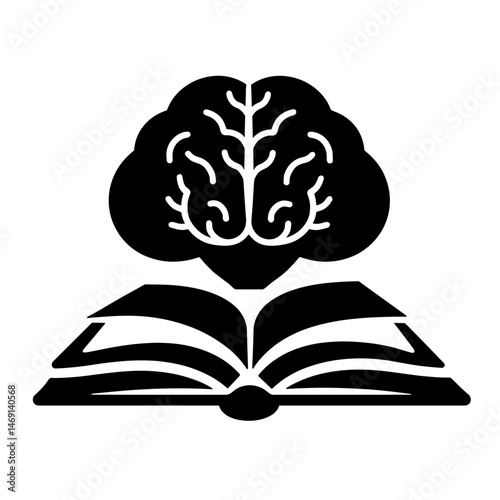 Book silhouette with brain icon on white background, knowledge concept