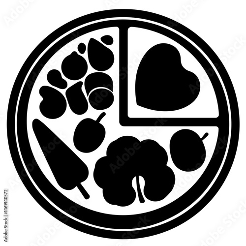 Balanced meal plate silhouette on white background, healthy nutrition