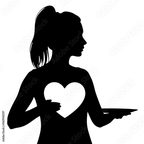 Mindful eating silhouette holding heart and plate, health concept