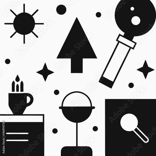 A vector icon set offers a collection of black silhouette symbols and illustrations for web design art
