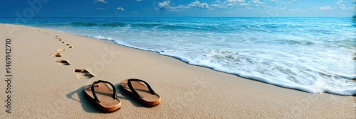 Footprints in Sand Lead to Ocean With Flip-Flops Resting Nearby on Sunny Beach Generative AI