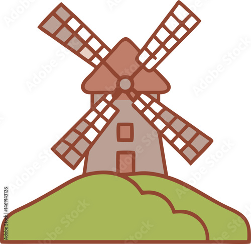 A rural windmill, an old Dutch architecture on a white background, harnesses wind power in an agricultural landscape under the blue sky