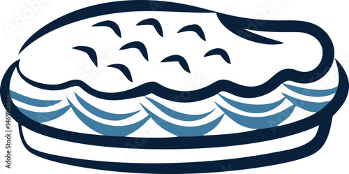 A blue vector illustration of an eagle and dolphin design soars above abstract ocean waves in a summer marine art