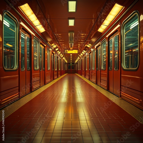 Gleaming Subway Station: A Symmetrical Vista of Red Train Cars and Tiled Platform, Illuminated by Warm Overhead Lights, Emphasizing Depth and Urban Transit Architecture.