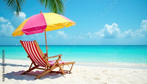 Relaxing beach scene with striped deck chair and colorful umbrella providing shade , summer, coast