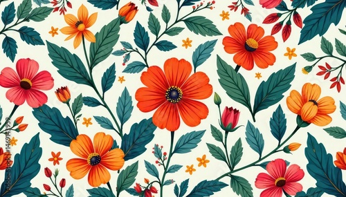 Wallpaper Mural Seamless pattern of colorful illustrated flowers and leaves , charming, texture Torontodigital.ca