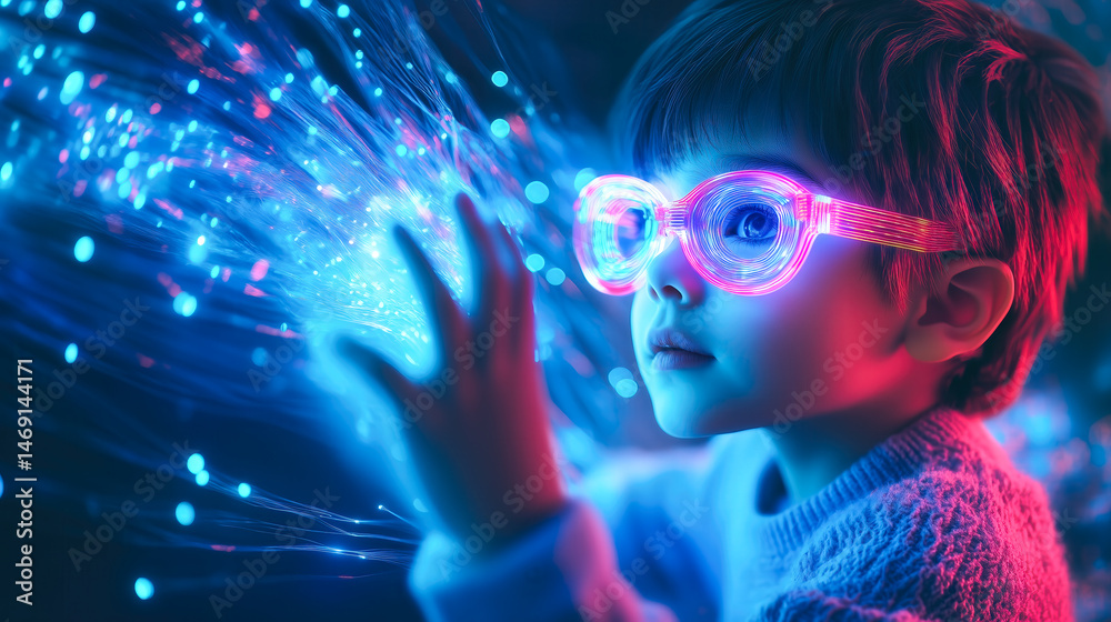 A kid boy interacts with a neural network display. Generative AI. A kid boy interacts with a neural network display. Generative AI.