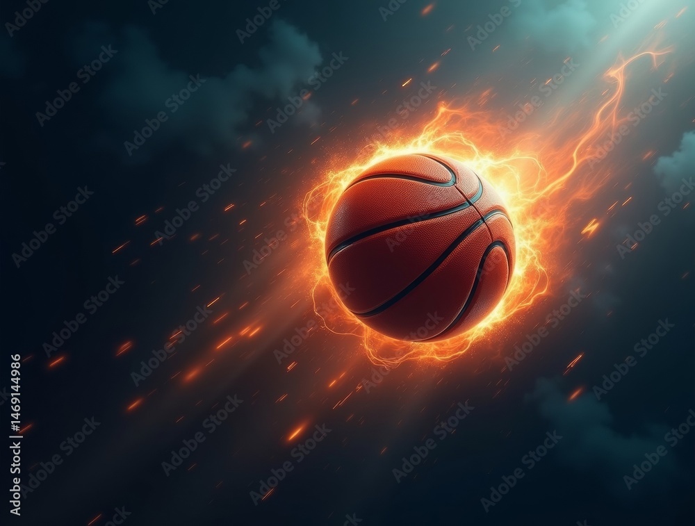 Obraz premium high-speed basketball spinning in mid-air, with a dramatic lighting effect emphasizing motion