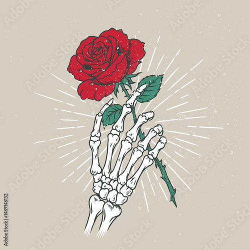 Vintage Style Vector Illustration – Skeleton Hand Holding Rose