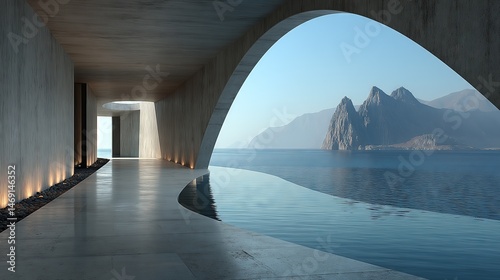 Minimalist Architecture with Mountain-Sea Backdrop and Volumetric Lighting - Hyper-Realistic Spatial Design for Architectural Publications  Virtual Environments  or Luxury Interior Visual Concepts 