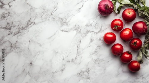 Red apples and cherries placed on marble surface in top view fresh food composition