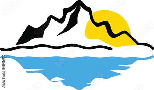 A vector illustration shows a mountain landscape meeting the sea under a summer sky with clouds, suggesting nature and travel