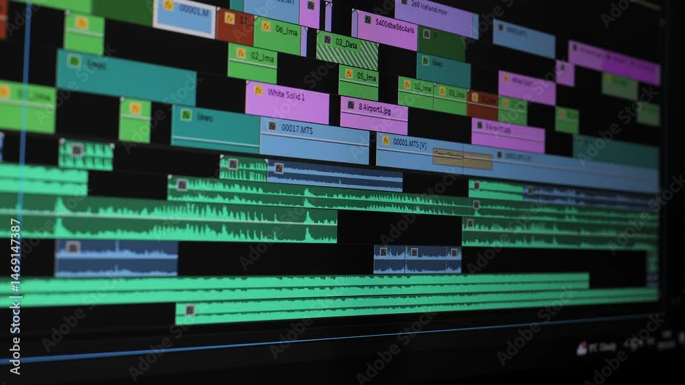 Video Editing Timeline on Adobe Premiere Pro Interface, Close-up of a colorful video and audio editing timeline on Adobe Premiere Pro screen