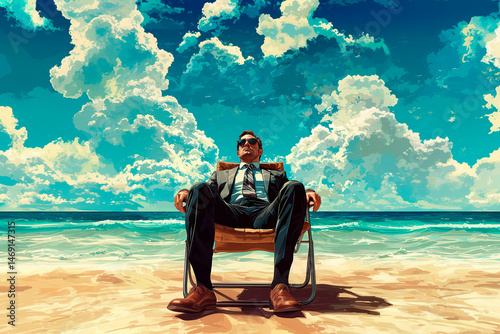 Ilustración de un hombre con traje sentado en la playa