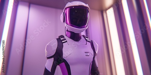 Futuristic Astronaut in a Corridor with Neon Lights and a High-Tech Suit