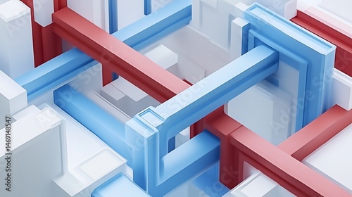 Abstract geometric composition of red, blue, and white structures interplay