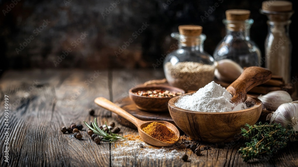 Fototapeta premium Baking ingredients and flour in glass jars on wooden table with rustic kitchen setup scene