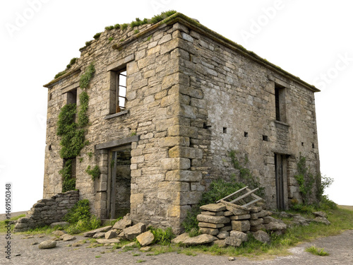 Old abandoned building, surrounded by limestone debris isolated on a white background.