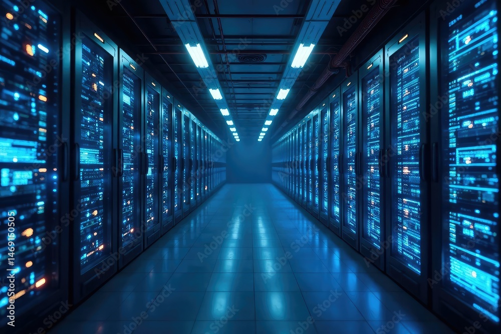 Fototapeta premium Futuristic server room with glowing blue data streams , data science, future, abstract