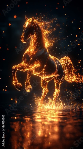 Fiery horse in mid-stride, digital art.