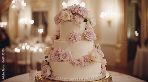 Elegant Three-Tier Wedding Cake Decorated with Pastel Roses and Delicate Details