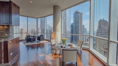 Urban Elegance: Luxury Apartment Interior with Breathtaking City Skyline Panorama