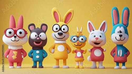 Cartoon Animals Standing in a Row on a Cheerful Yellow Background