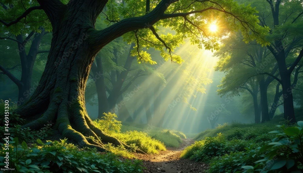 Fototapeta premium Majestic ancient forest, sunlight dappling through leaves , background, light and shadow