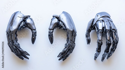 Futuristic metallic robot hands reflecting light against a clean, white background