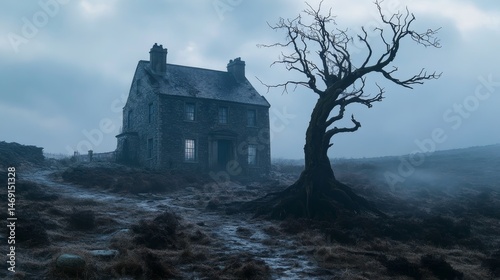 Haunted stone house with eerie tree on misty moorland at twilight.