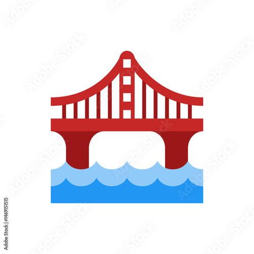 Illustration of a red bridge with vertical supports over blue wavy water on a white background view