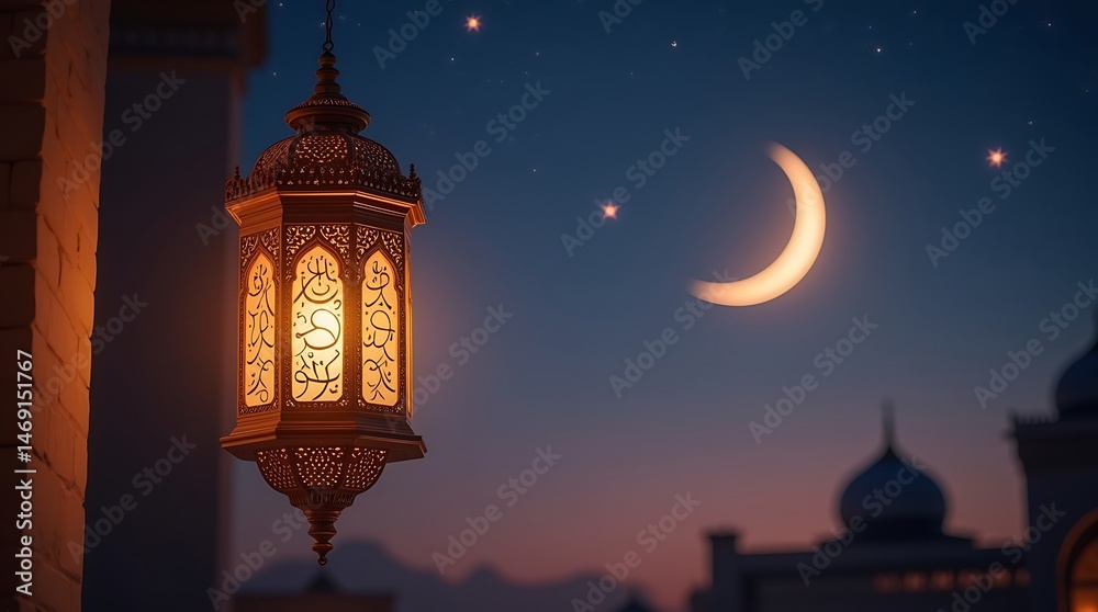 Crescent moon and lantern at twilight Crescent moon and lantern at twilight