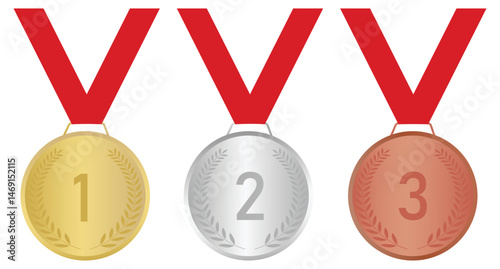 Gold Silver Bronze sports medals, Collection of icons with gold, silver and bronze medals, First, second and third place medals. Award golden, silver and bronze medals 3d vector illustration, 