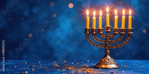 Watercolor menorah with glowing candles on dark blue Hanukkah celebration , tradition, menorah