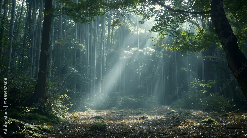 Obraz premium Serene Sunlight Streaming Through Lush Bamboo Forest Creating a Tranquil Atmosphere