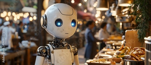 Futuristic Robot in a Cozy Restaurant Setting Amidst Appetizing Dishes