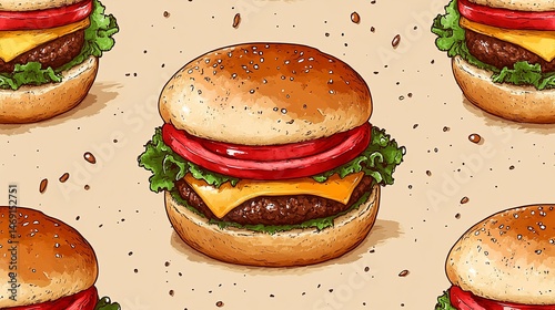 Delicious Burger Illustration, Repeating Pattern of American Classic Cuisine
