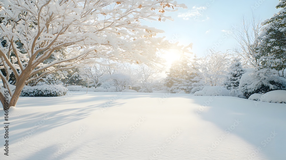 Obraz premium Serene Winter Landscape with Fresh Snow and Sunlight Peeking Through Trees in Tranquil Nature