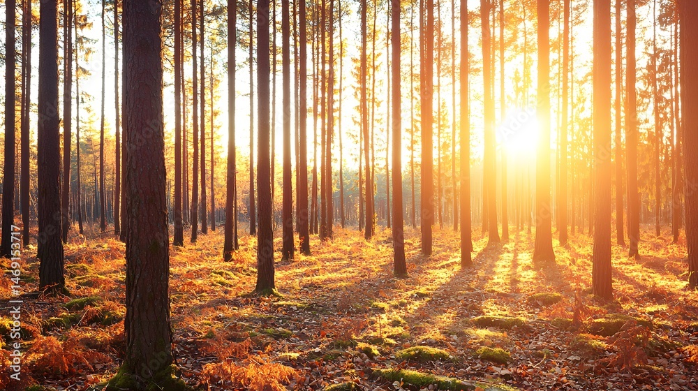 Obraz premium Golden Sunrise Illuminates Serene Forest Landscape with Tall Trees and Sunlight Filtering Through