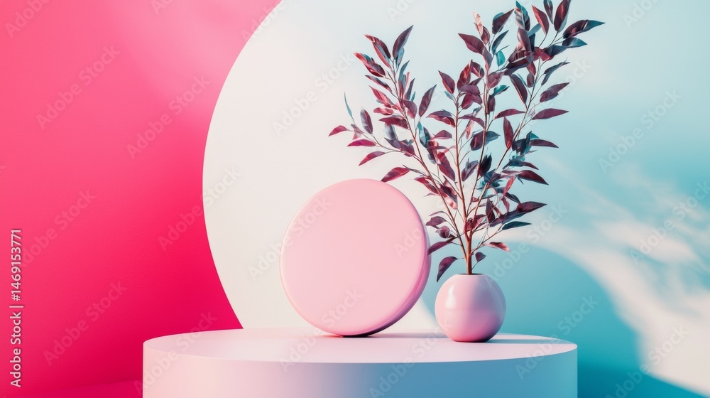 Fototapeta premium Pink platform with flower and ball under light in abstract product display pastel interior decor scene