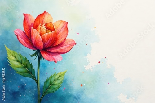 Vibrant watercolor painting of a single blooming flower , plant, orange, nature
