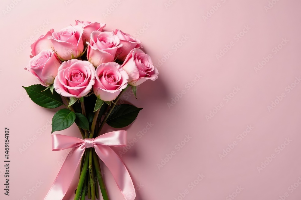 Fototapeta premium A bouquet of delicate pink roses, tied with ribbon , soft, texture, flower arrangement
